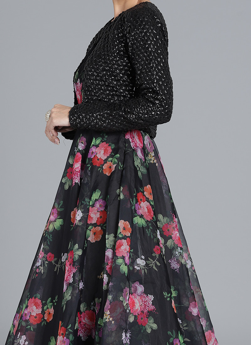 Shop Custom Made Black Digital Printed Gown with Jacket Party Wear