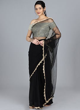 Black Net N Grey Border Saree
