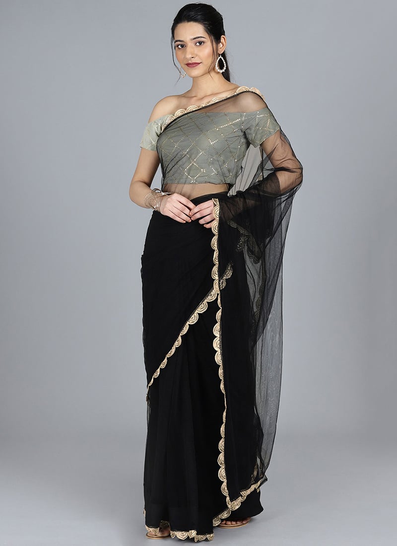 Black Net N Grey Border Saree