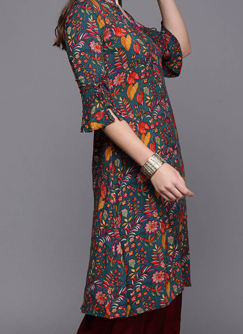 Shop Custom Made Blue Collar Neck Straight Kurti Made to Measure