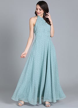 Blue Halter Neck Georgette Gown
