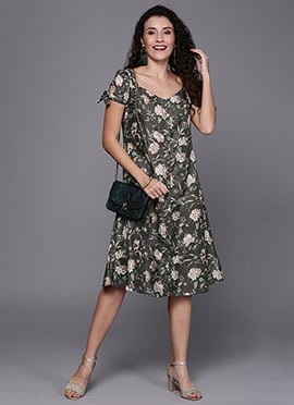 Grey Rayon Knee Length Dress