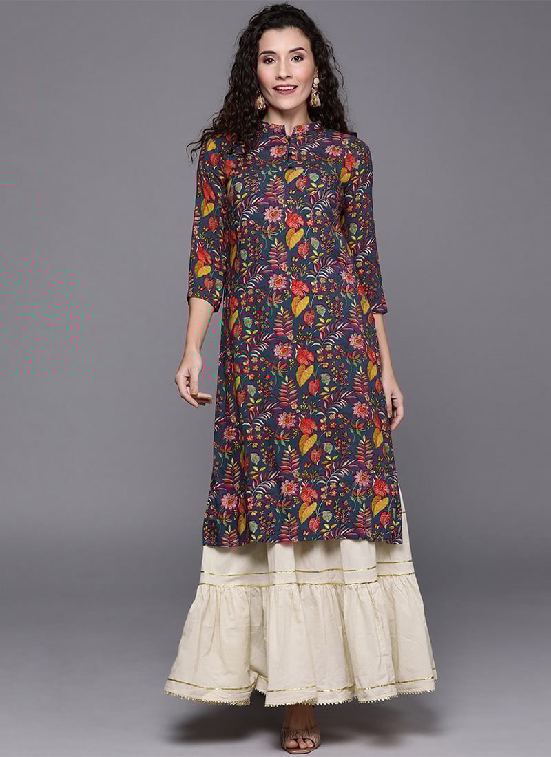 Blue Printed Straight Kurti Work Wear