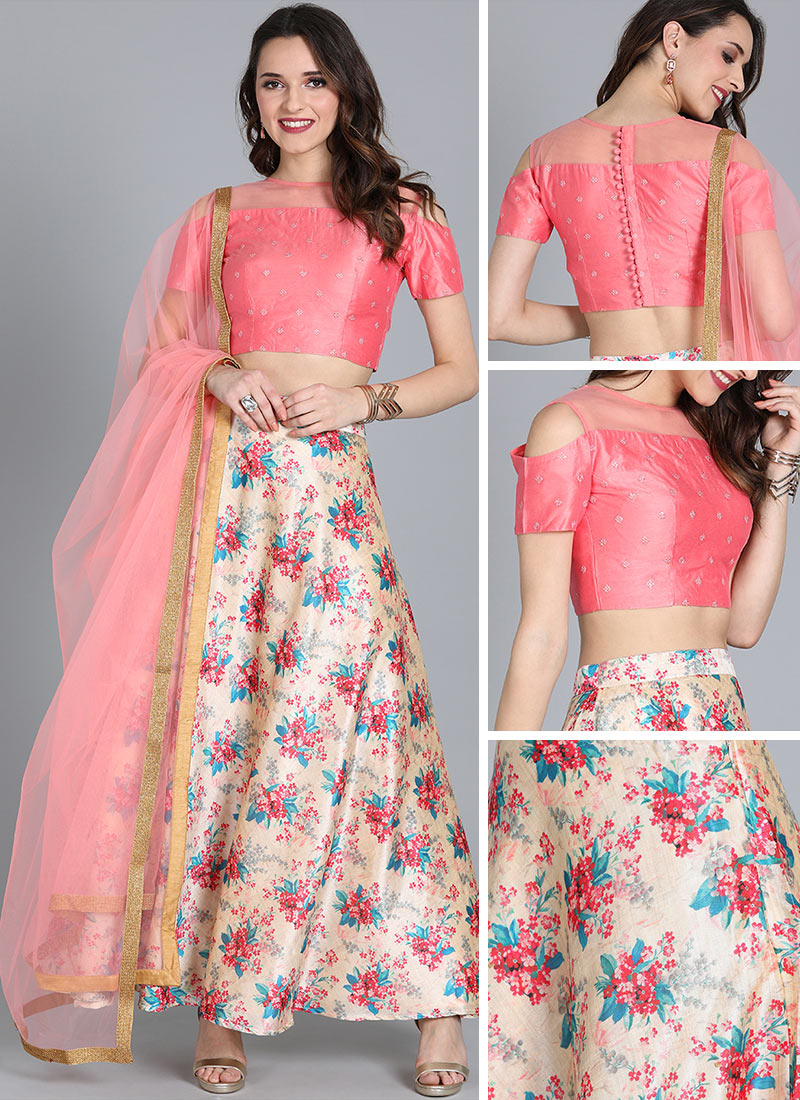 Peach Embroidered Close Neckline Leheng Festive Wear