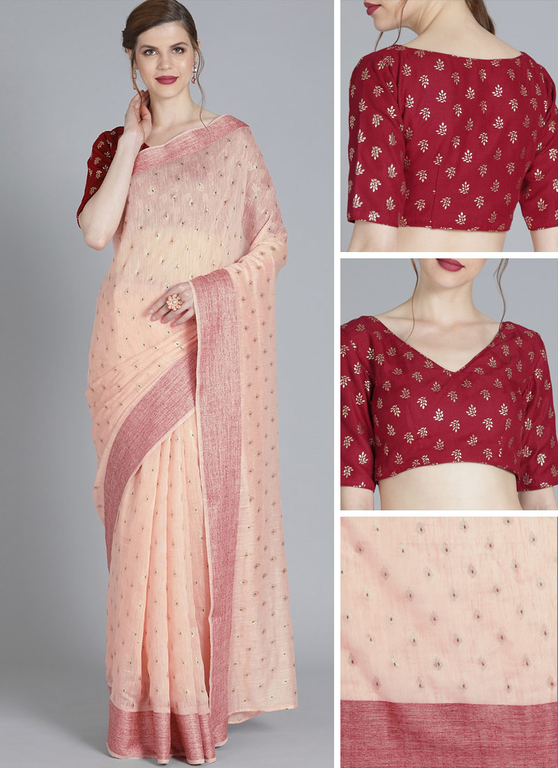 Peach Foil Print Cotton Regular Saree Festive Wear