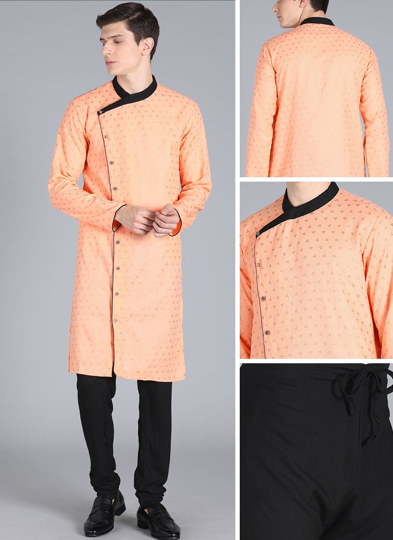 Peach Foil Print Kurta Pyjama Set Party Wear