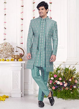 Cyan Silk Hand Embroidered Sequins Stone Work Indowestern Sherwani