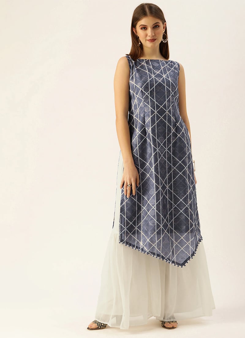 Dark Blue And Off White Kurta Gharara Set  Festive Wear