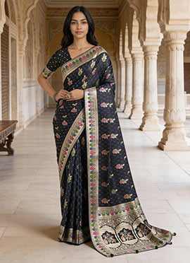 Dark Blue Banarasi Silk Zari Woven Saree