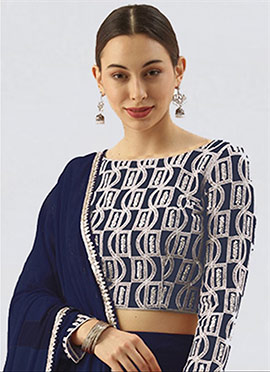 Dark Blue Embroidered Boat Neck Blouse