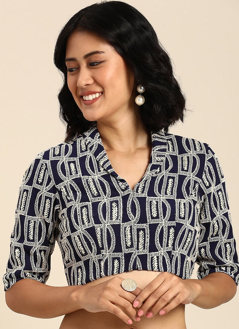 Dark Blue Georgette Embroidered Blouse Festive Wear