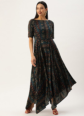 Dark Blue Printed Handkerchief Style Dress