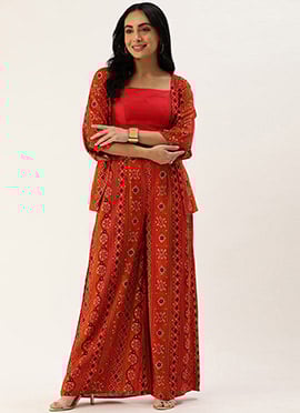 Red Printed Viscose Jacket Set