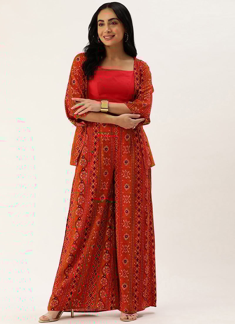 Red Printed Viscose Jacket Set Festive Wear