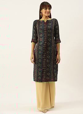 Dark Blue Printed Viscose N Beige Kurta Set