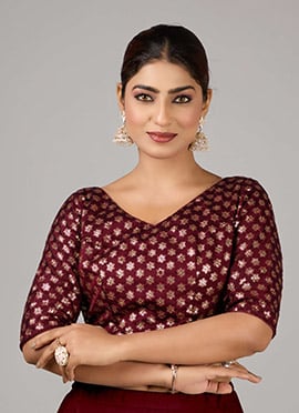 Dark Brown Rangoli Silk Embroidered V Neck Blouse