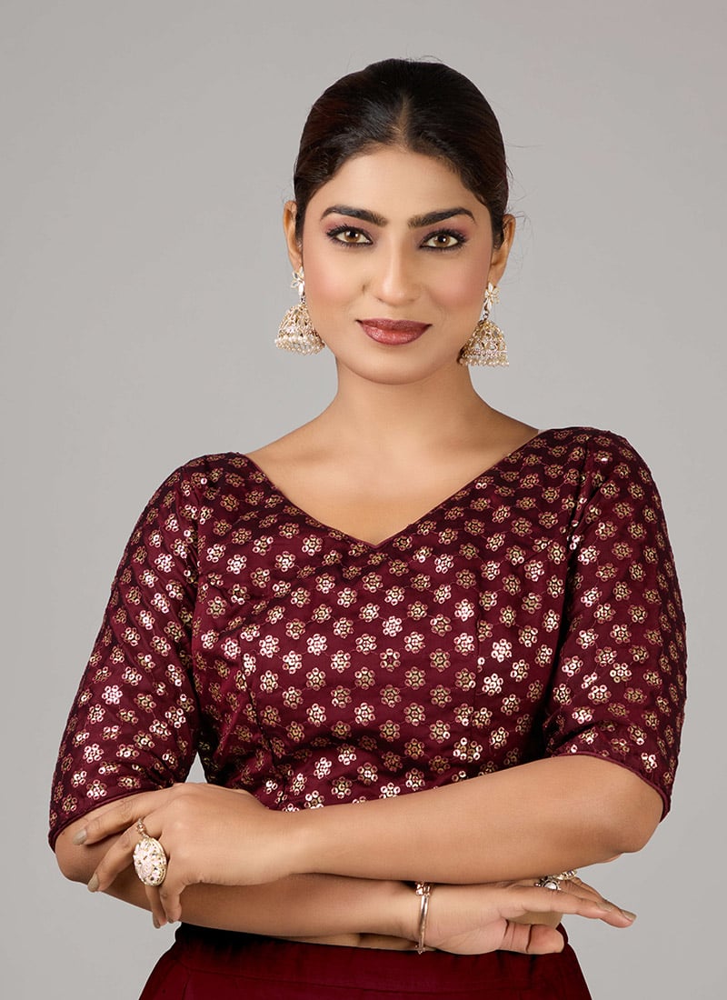 Dark Brown Rangoli Silk Embroidered V Neck Blouse