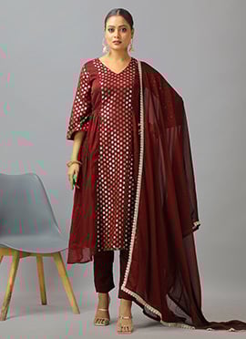 Dark Brown Silk Embroidered Straight Pant Suit