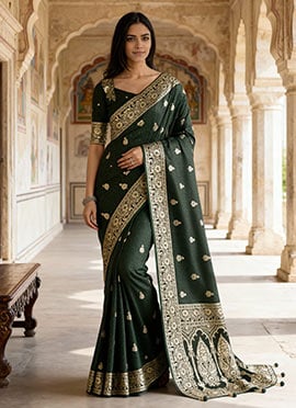 Dark Green Banarasi Silk Zari Woven Saree