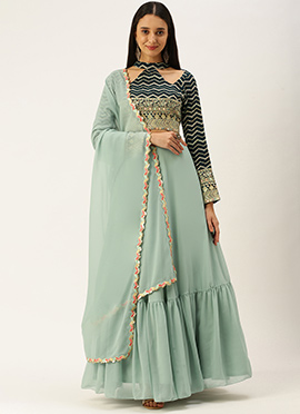 Dark Green Georgette Embroidered Lehenga Set