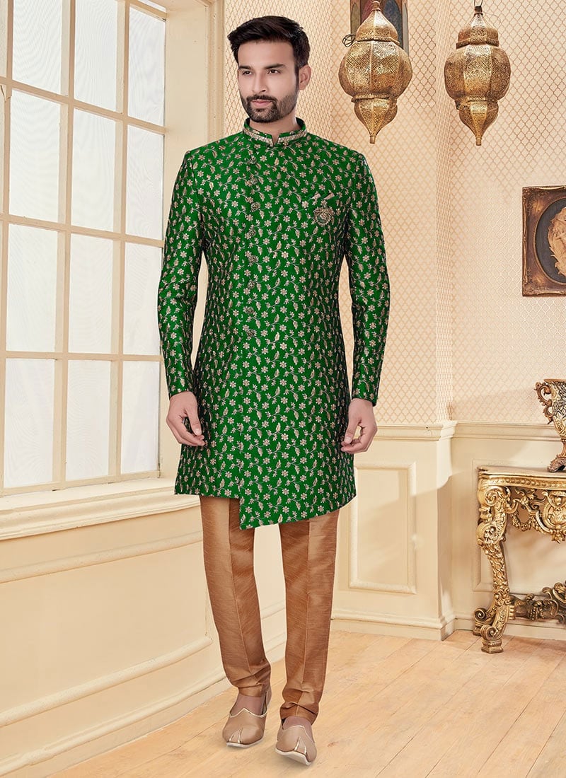 Dark Green Heavy Jacquard Embroidery Classic Sherwani Wedding Wear