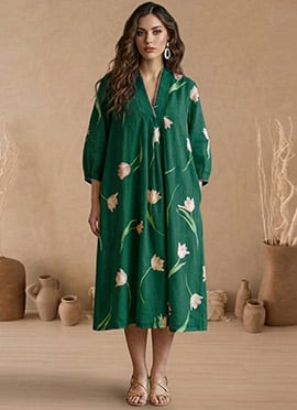 Dark Green Printed Cotton Dress