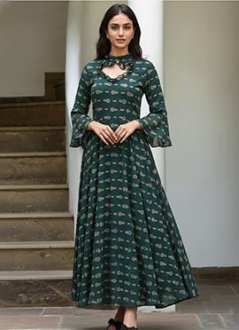 Dark Green Printed Rayon Maxi Dress With