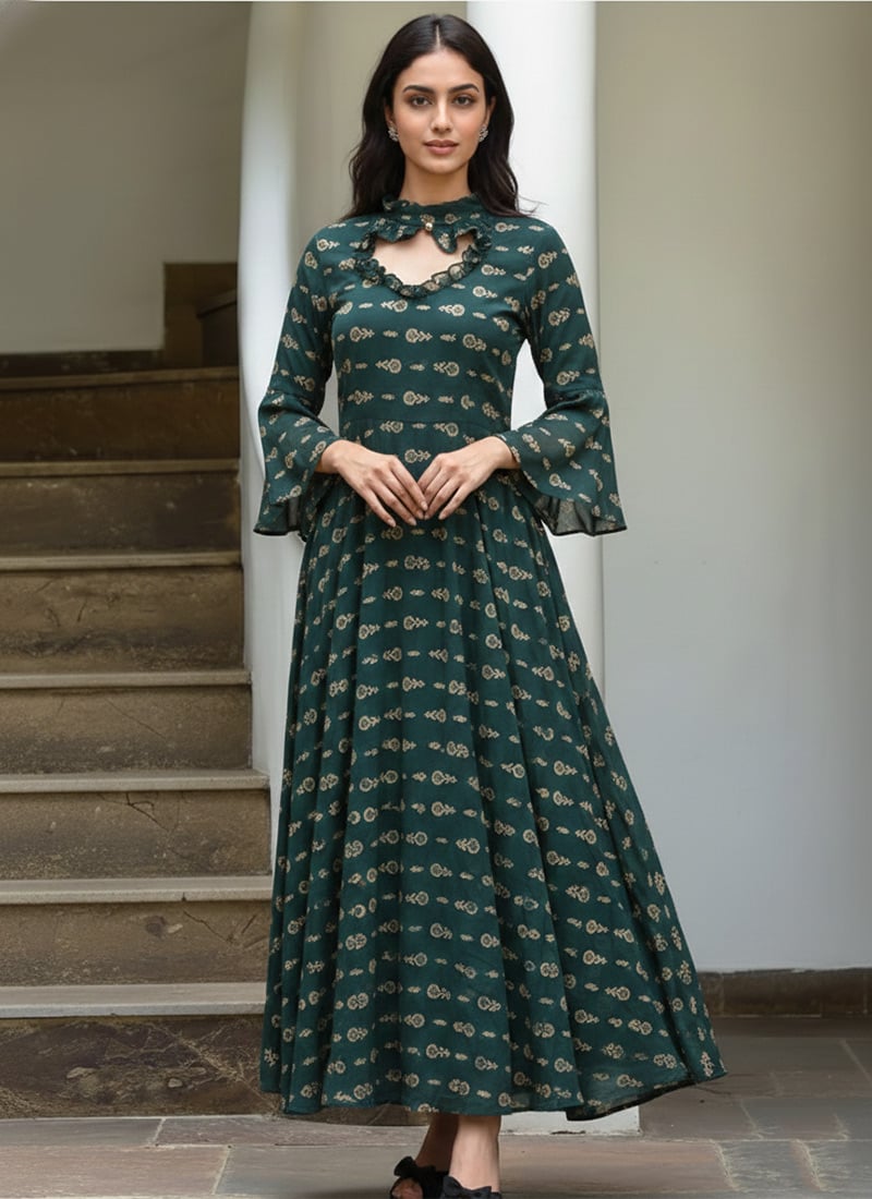 Dark Green Printed Rayon Maxi Dress With  After Six Wear