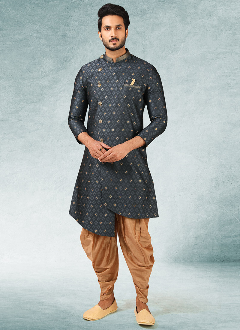 Dark Grey Art Silk Jacquard Classic Sherwani Party Wear