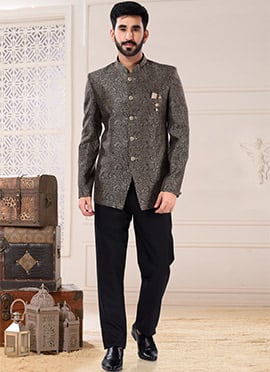 Dark Grey Art Silk Jacquard Jodhpuri Suit