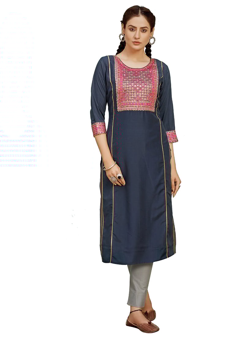 Dark Grey Dola Silk Jacquard Work Knee Length Kurti Work Wear