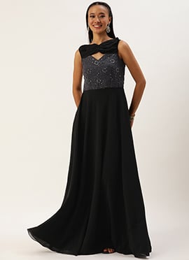 Teen Girls Dark Grey Embroidered N Black Twisted Drape Gown