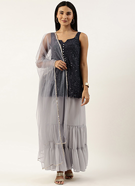 Dark Grey Georgette Embroidered Gharara Suit
