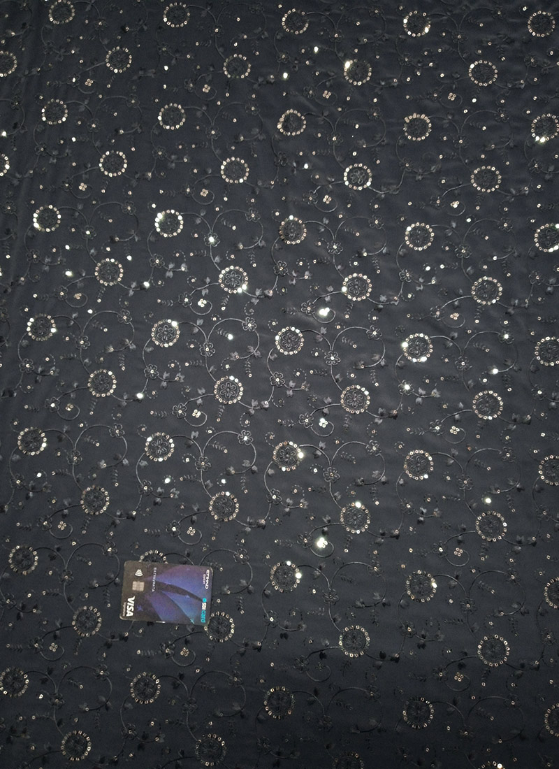 Dark Grey Georgette Sequins Embroidered Fabric