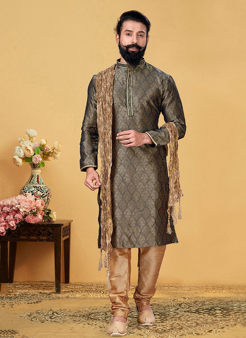 Dark Green Jacquard Silk Kurta Pyjama Festive Wear