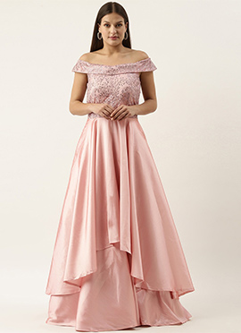 Dark Grey N Pink Embroidered Off Shoulder Gown