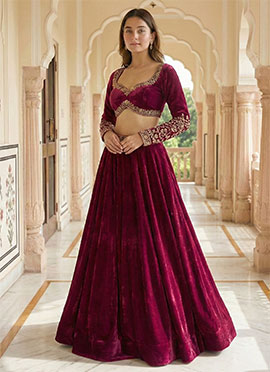 Dark Magenta Velvet Zari Sequins Embroidered Umbrella Lehenga
