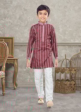 Dark Maroon Blended Cotton Kids Boys Kurta Pyjama
