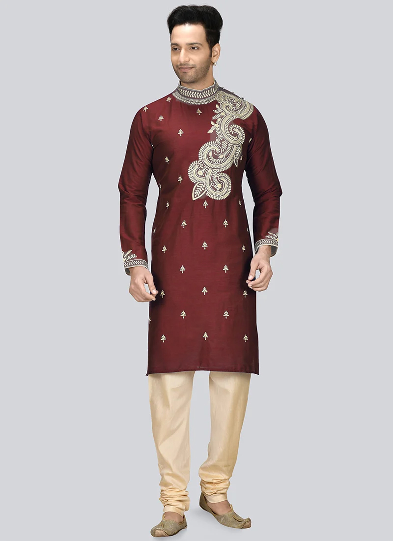 Dark Maroon Dupion Silk Embroidered Kurta Pyjama