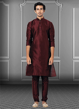 Dark Maroon Dupion Silk Soild Plain Kurta Pyjama