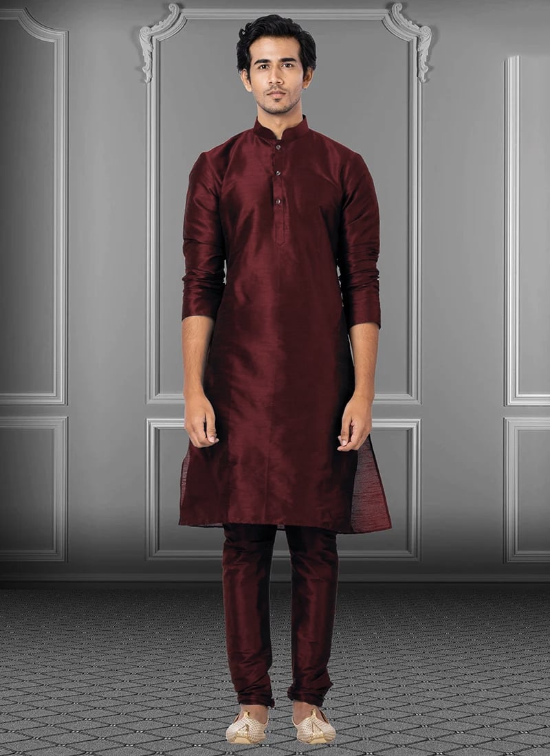 Dark Maroon Dupion Silk Soild Plain Kurta Pyjama Party Wear