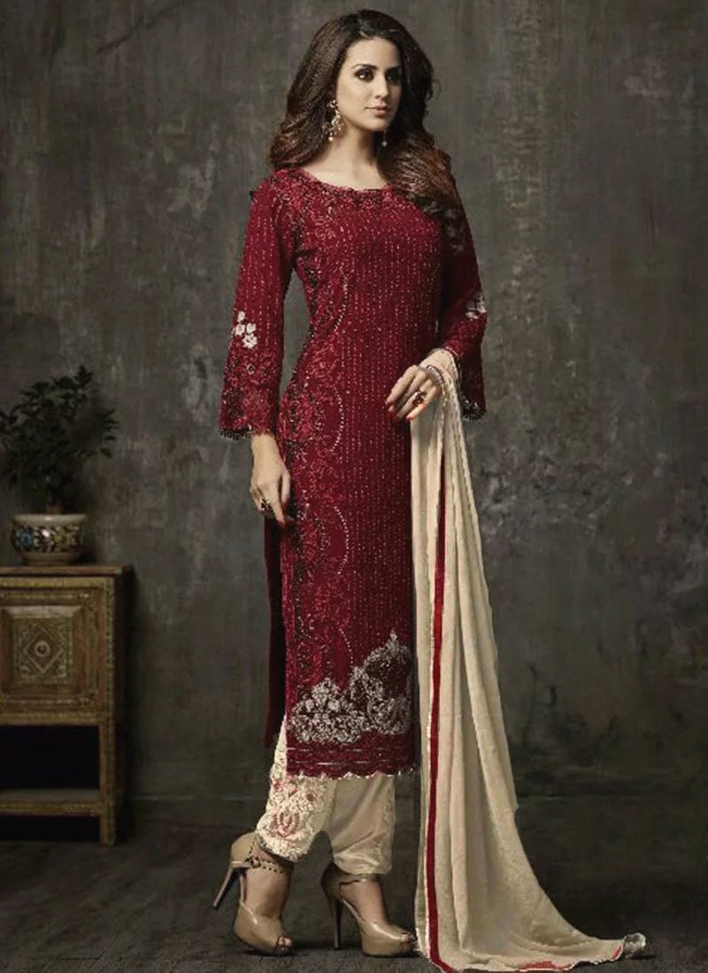 Buy Dark Maroon Straight Pant Suit Party Wear, Embroidered