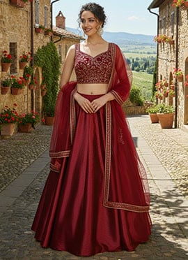 Dark Maroon Silk Sequins Zardosi Hand Embroidered Umbrella Lehenga