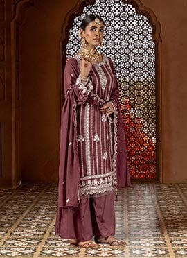 Dark Mauve Faux Georgette Embroidered Beads Sequins Palazzo Pant Suit