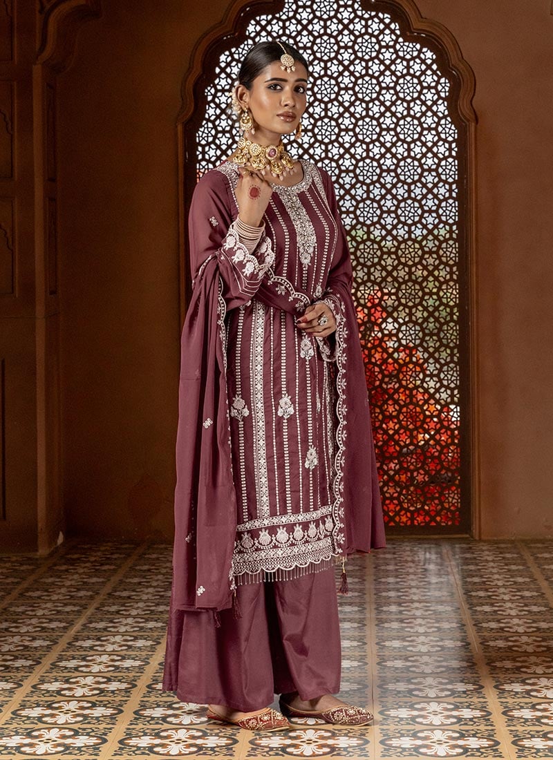 Dark Mauve Faux Georgette Embroidered Beads Sequins Straight Pant Suit