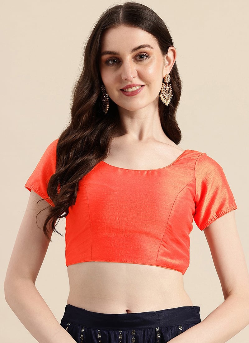 Dark Orange Art Silk Round Neck Blouse Work Wear
