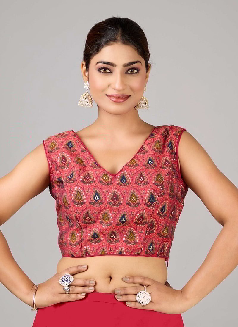 Dark Pink Chanderi Modal Silk V Neck Blouse Party Wear
