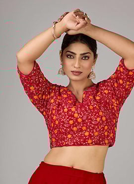 Dark Pink Embroidered Velvet V Neck Blouse