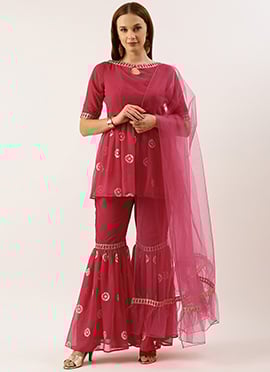 Dark Pink Georgette Embroidered Gharara Suit Set