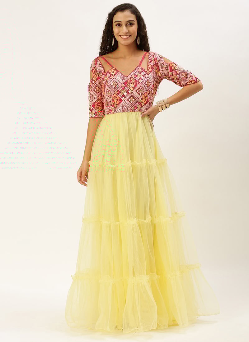 Dark Pink Georgette Embroidered Yellow Net Gown Festive Wear